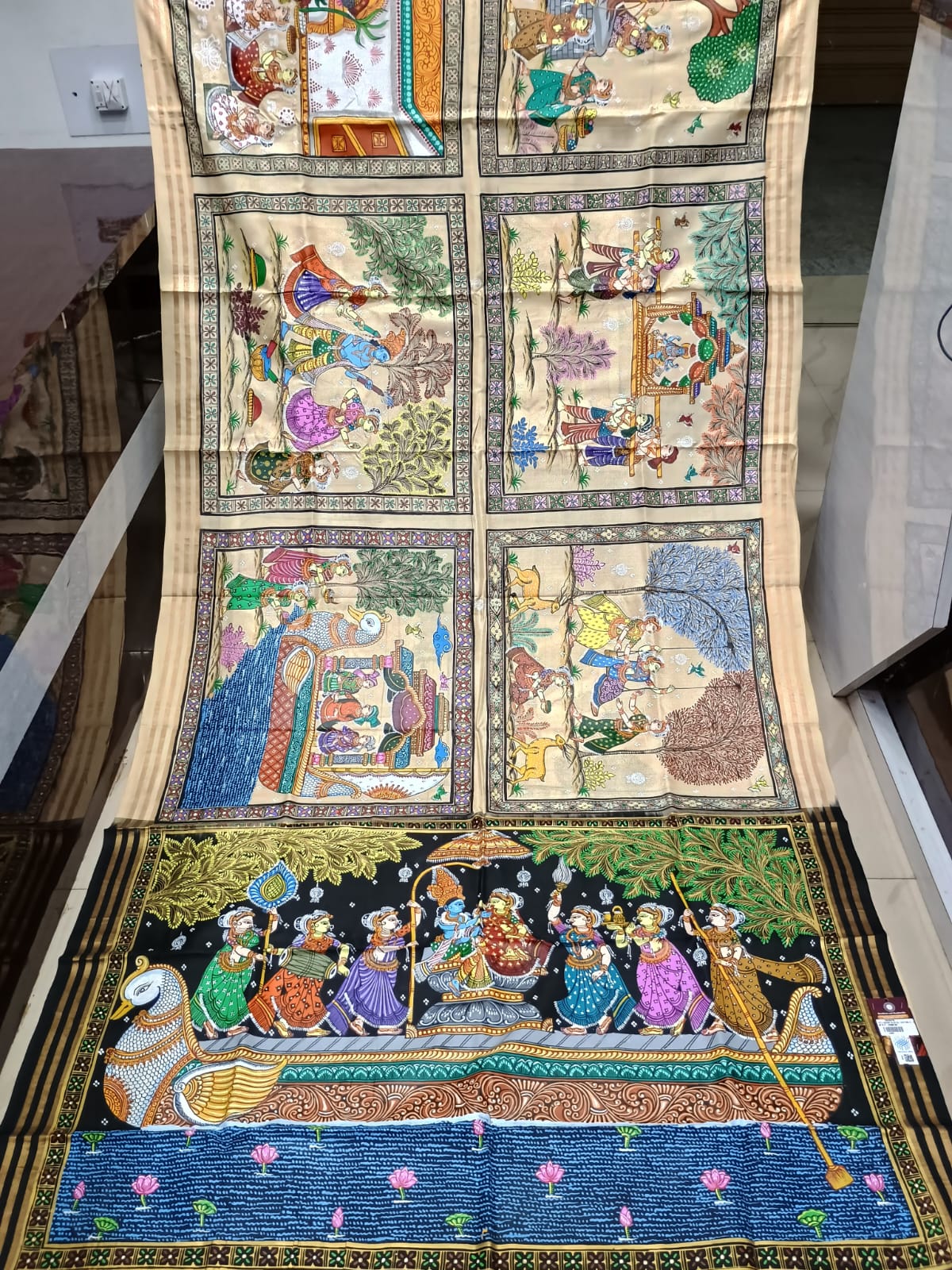 Creame Black All Festival Theme Pattachitra Kanjeeveram Silk Saree