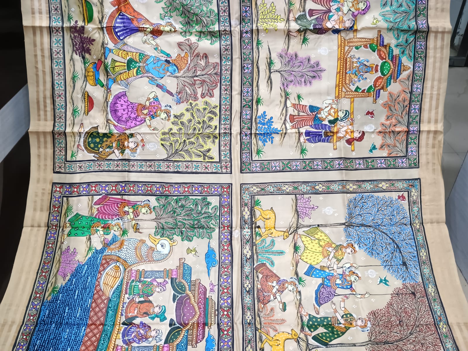 Creame Black All Festival Theme Pattachitra Kanjeeveram Silk Saree