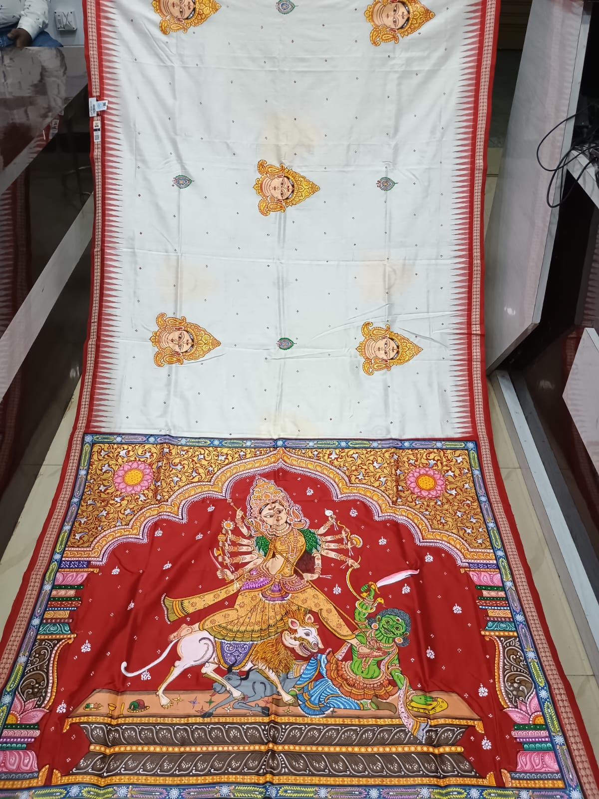 White Red Maa Durga Theme Pattachitra Sambalpuri Silk Saree