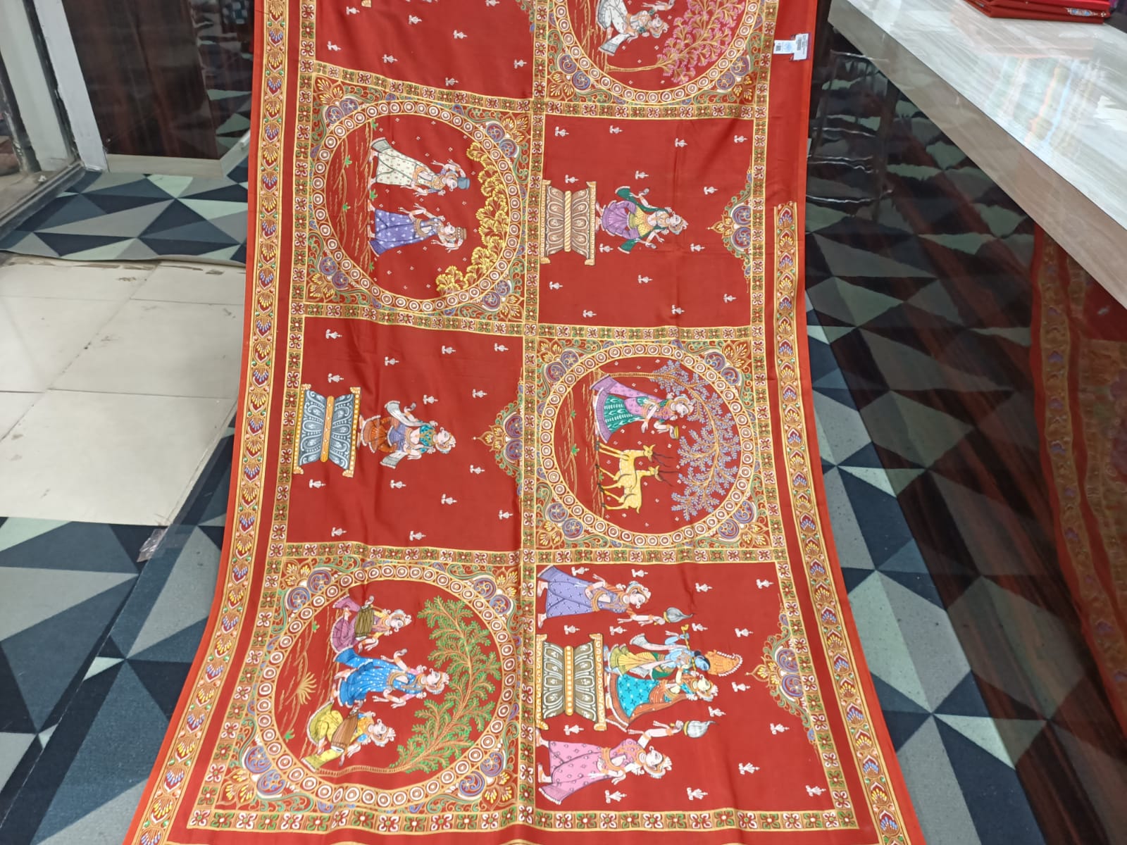 Red Big Box Boita Theme Pattachitra Khadi Silk Saree