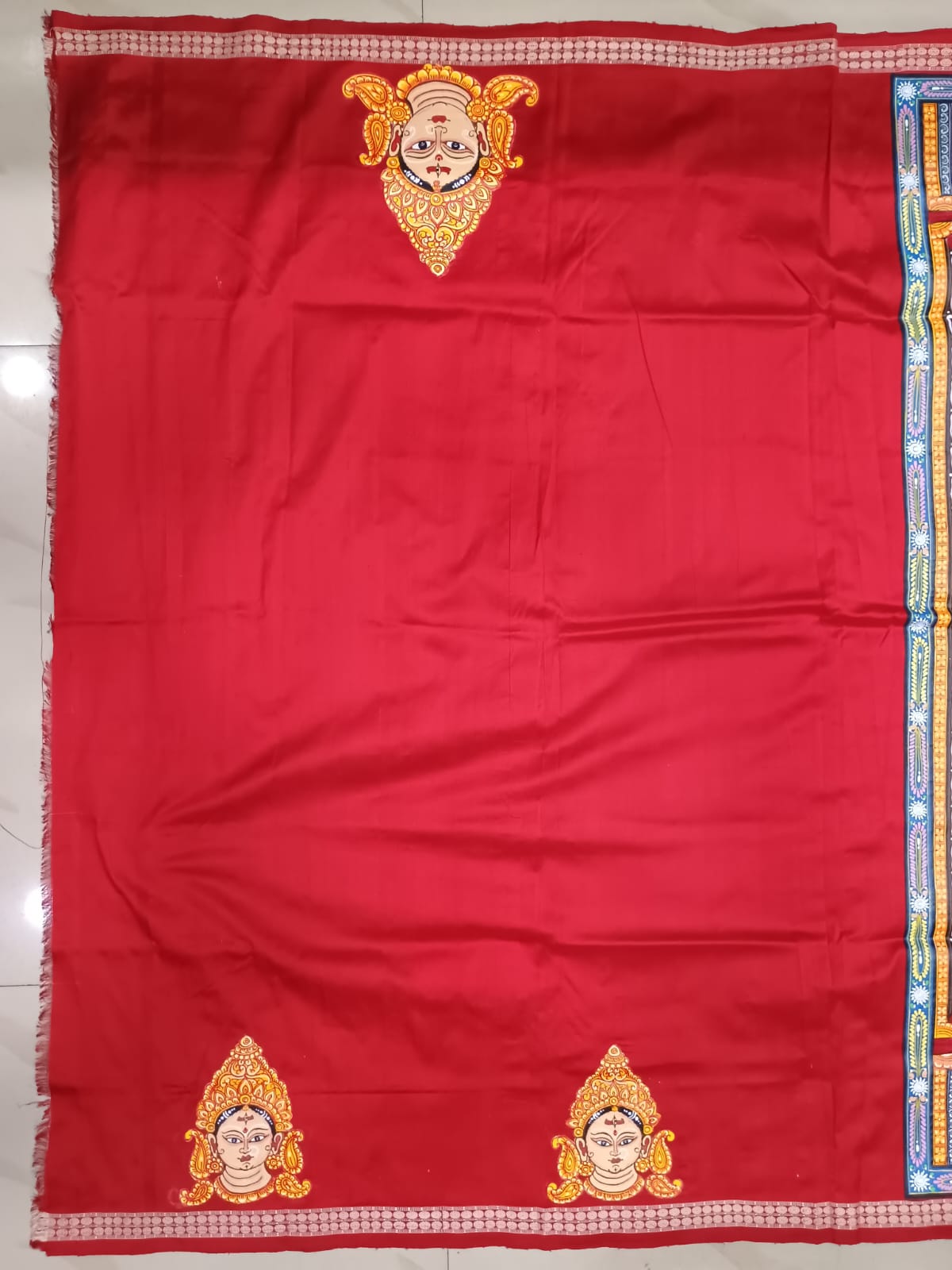 White Red Maa Durga Theme Pattachitra Sambalpuri Silk Saree