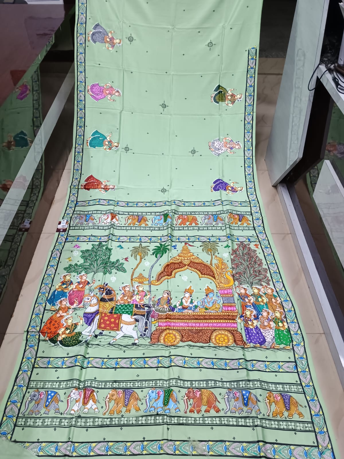 Aqua Mathura Vijay Theme Pattachitra Khadi Silk Saree