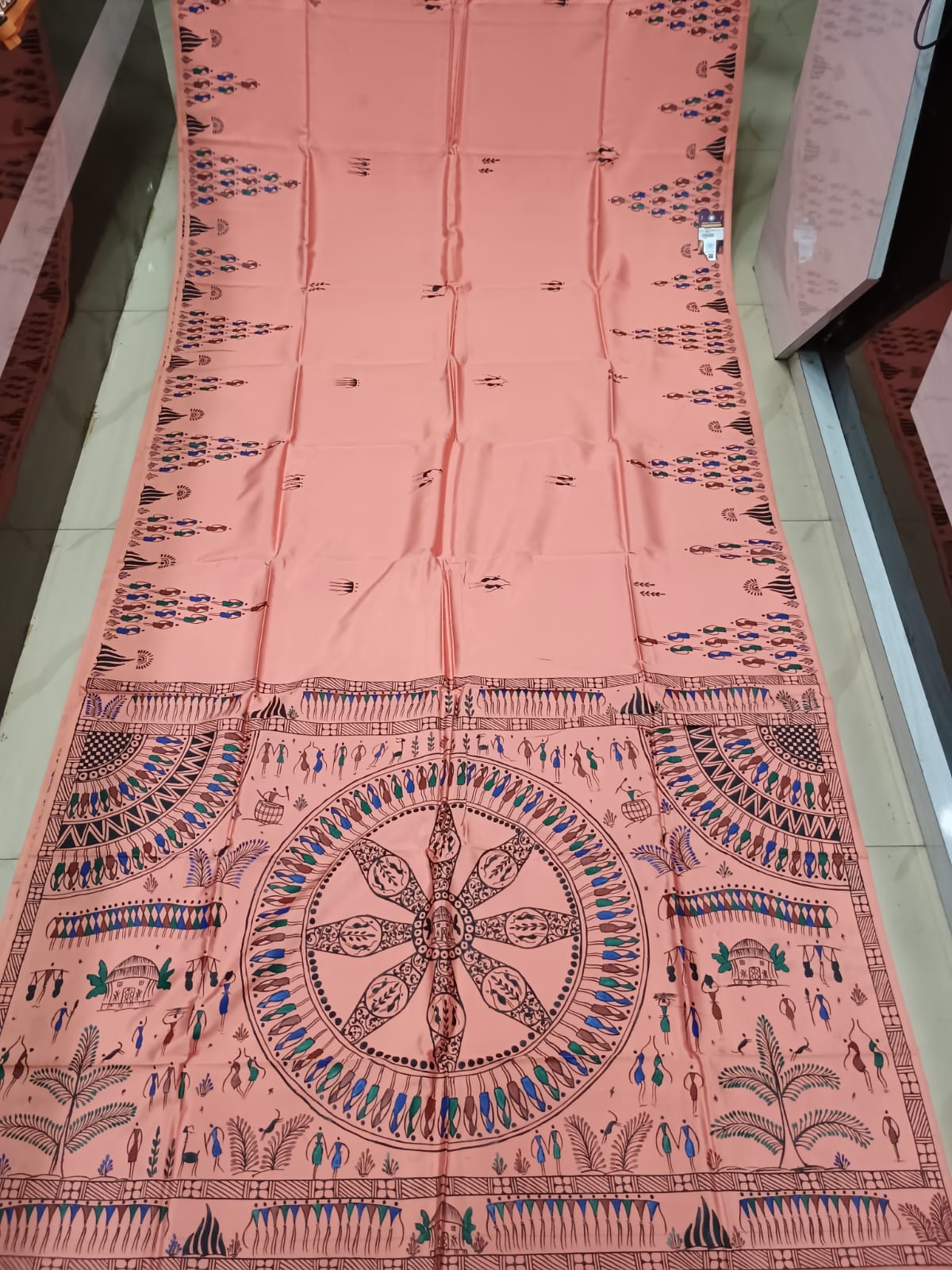 Peach Tribal Konark Wheel Theme Pattachitra Khadi Silk Saree