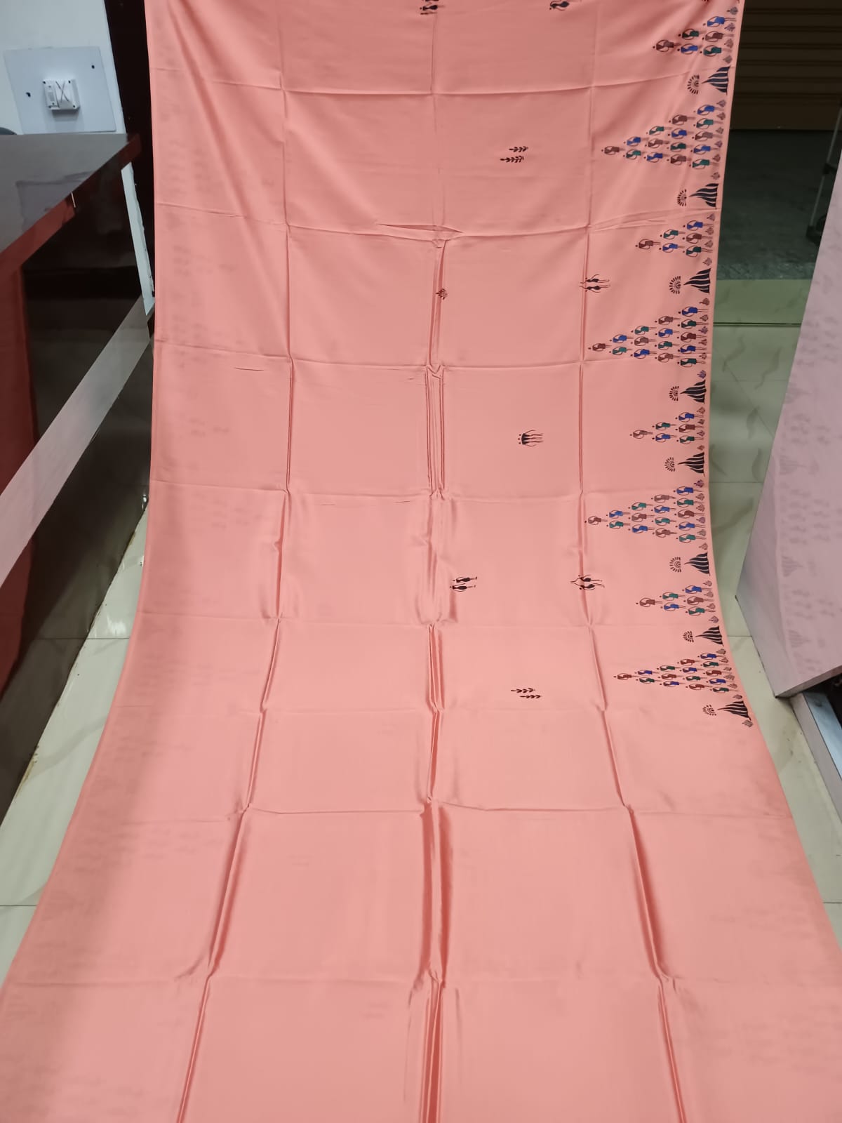 Peach Tribal Konark Wheel Theme Pattachitra Khadi Silk Saree