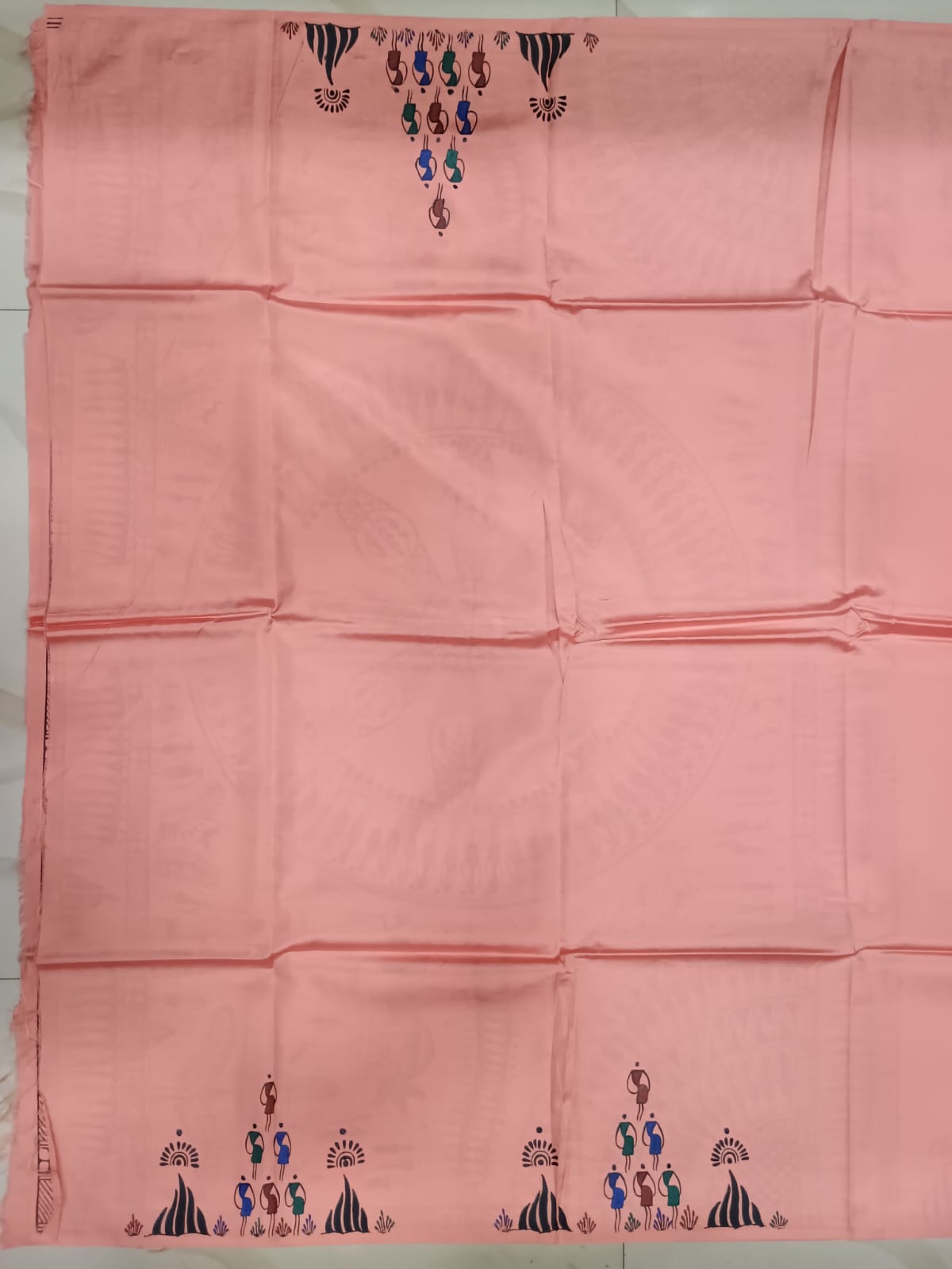 Peach Tribal Konark Wheel Theme Pattachitra Khadi Silk Saree