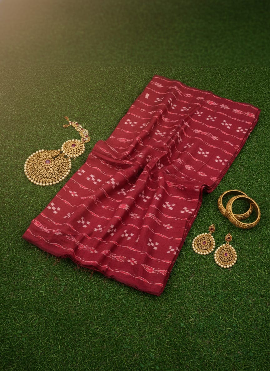 Maroon Fish And Pasapali Ikat Design Nuapatna Fabrics