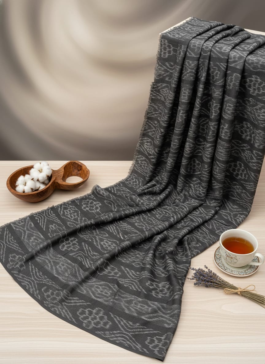 Black Flower Ikat Design Nuapatna Fabrics