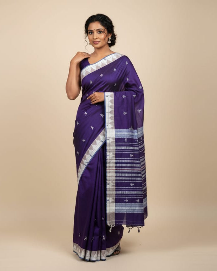 Dual Shade Purple White Plain Border Odisha Handloom Kotpad Cotton Saree