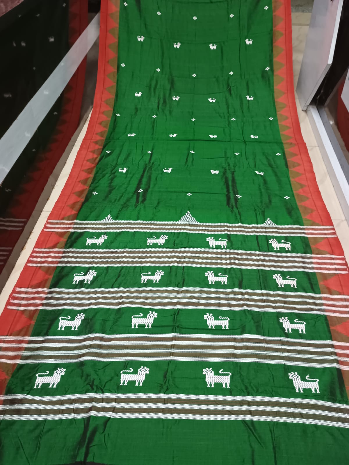Green Red Plain Border Odisha Handloom Kotpad Tussar Saree