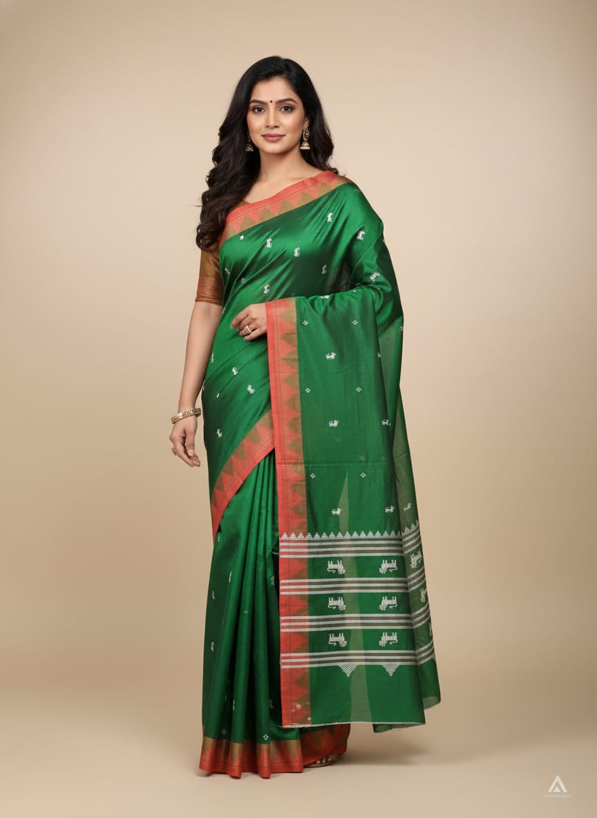 Green Red Plain Border Odisha Handloom Kotpad Tussar Saree