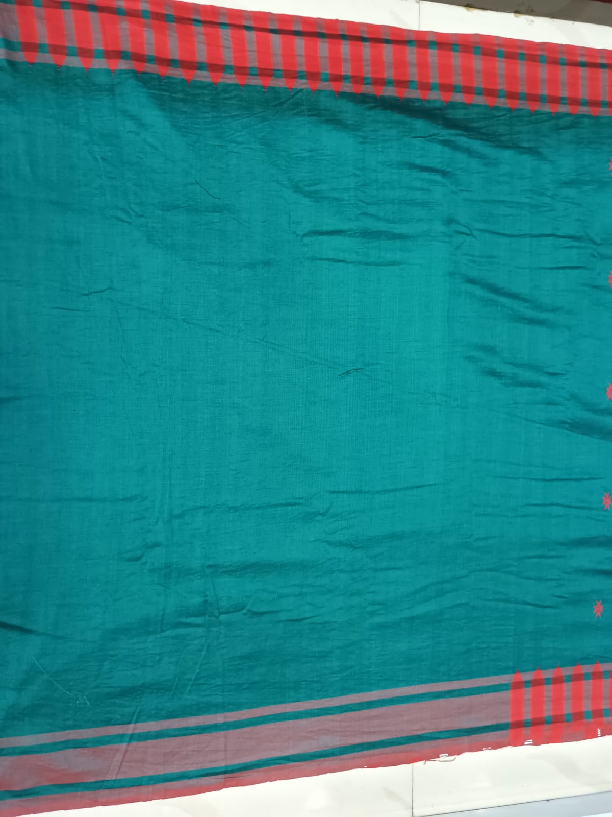 Rama Green Red Plain Kumbha Border Odisha Handloom Kotpad Cotton Saree