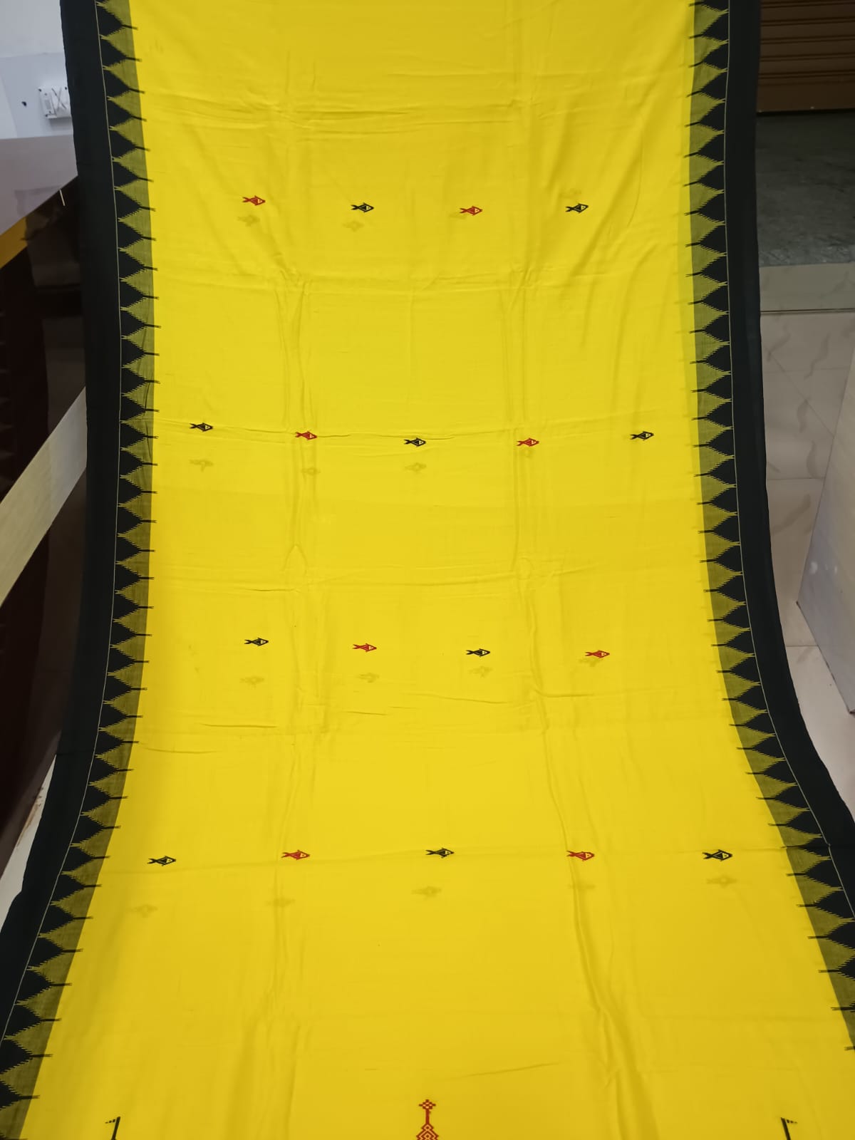 Yellow Black Plain Kumbha Border Odisha Handloom Kotpad Cotton Saree