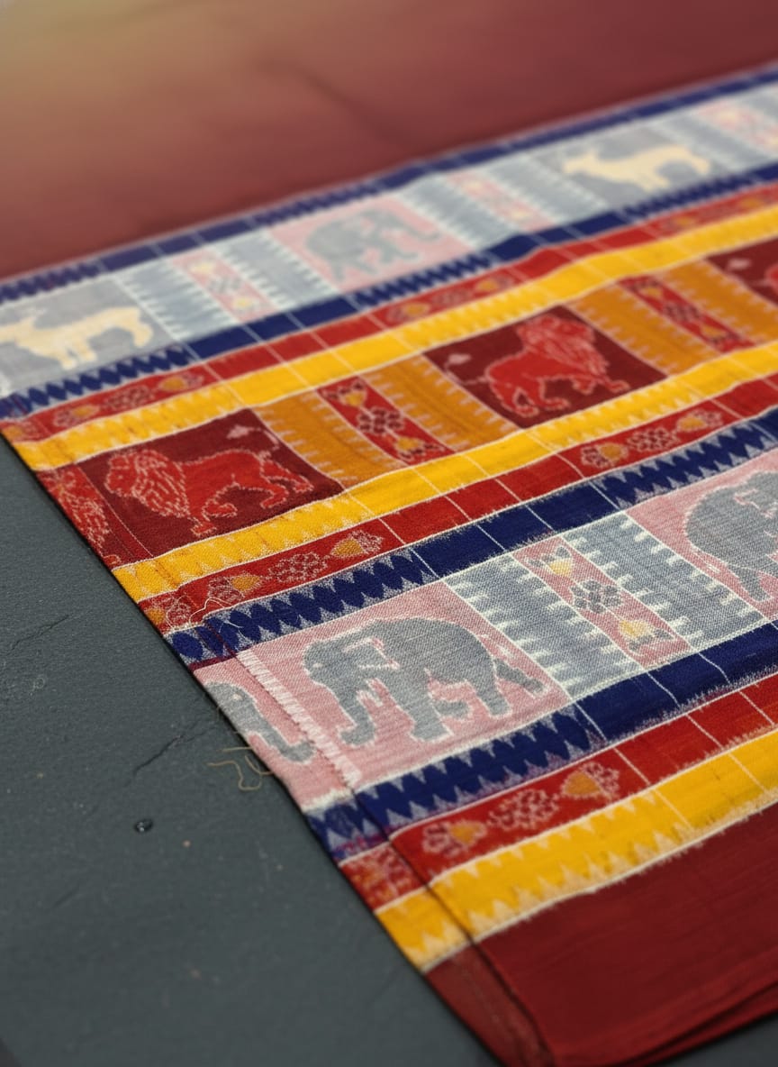 Yellow Multi Colour Animal Design Sambalpuri Fabrics