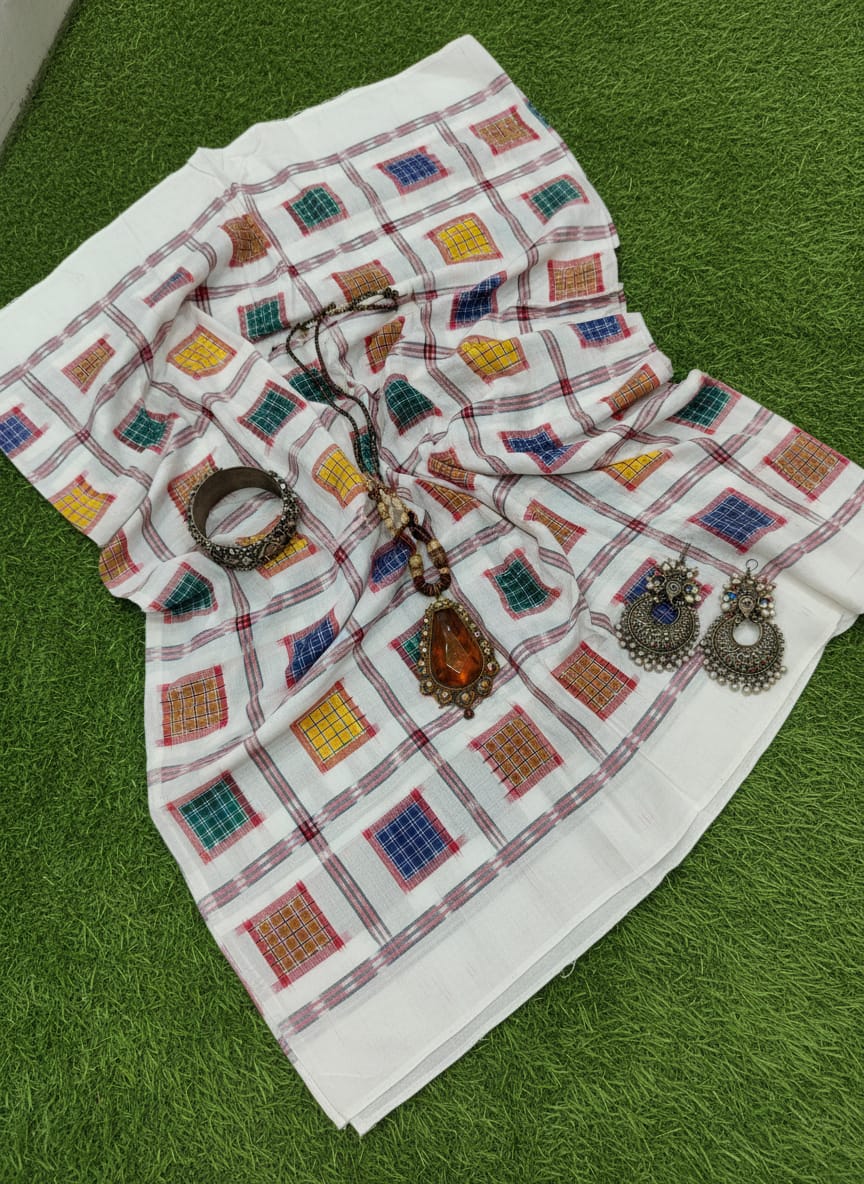 White Multi Colour Aswini Design Sambalpuri Fabrics