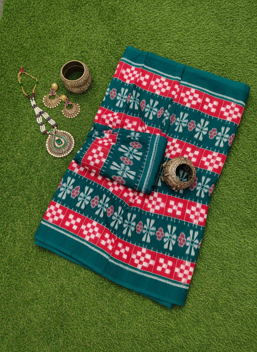 Green Red Pasapali Design Sambalpuri Fabrics