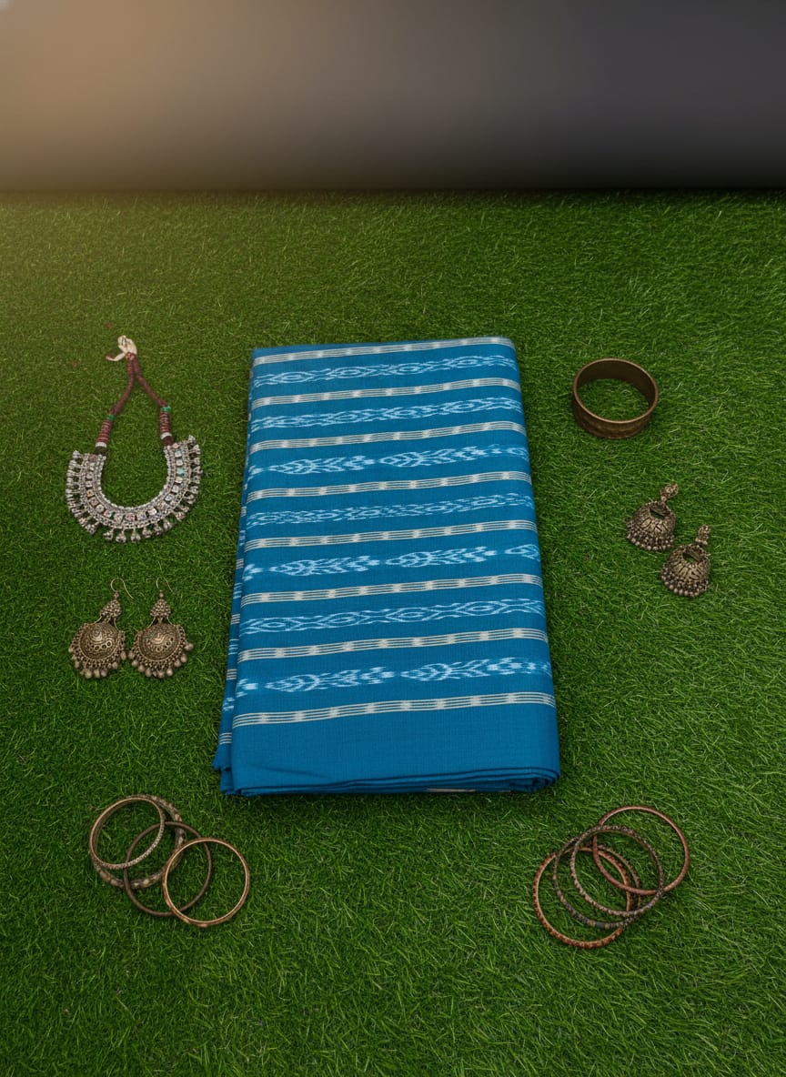 Teal Blue Ikat Flower Design Nuapatna Fabrics