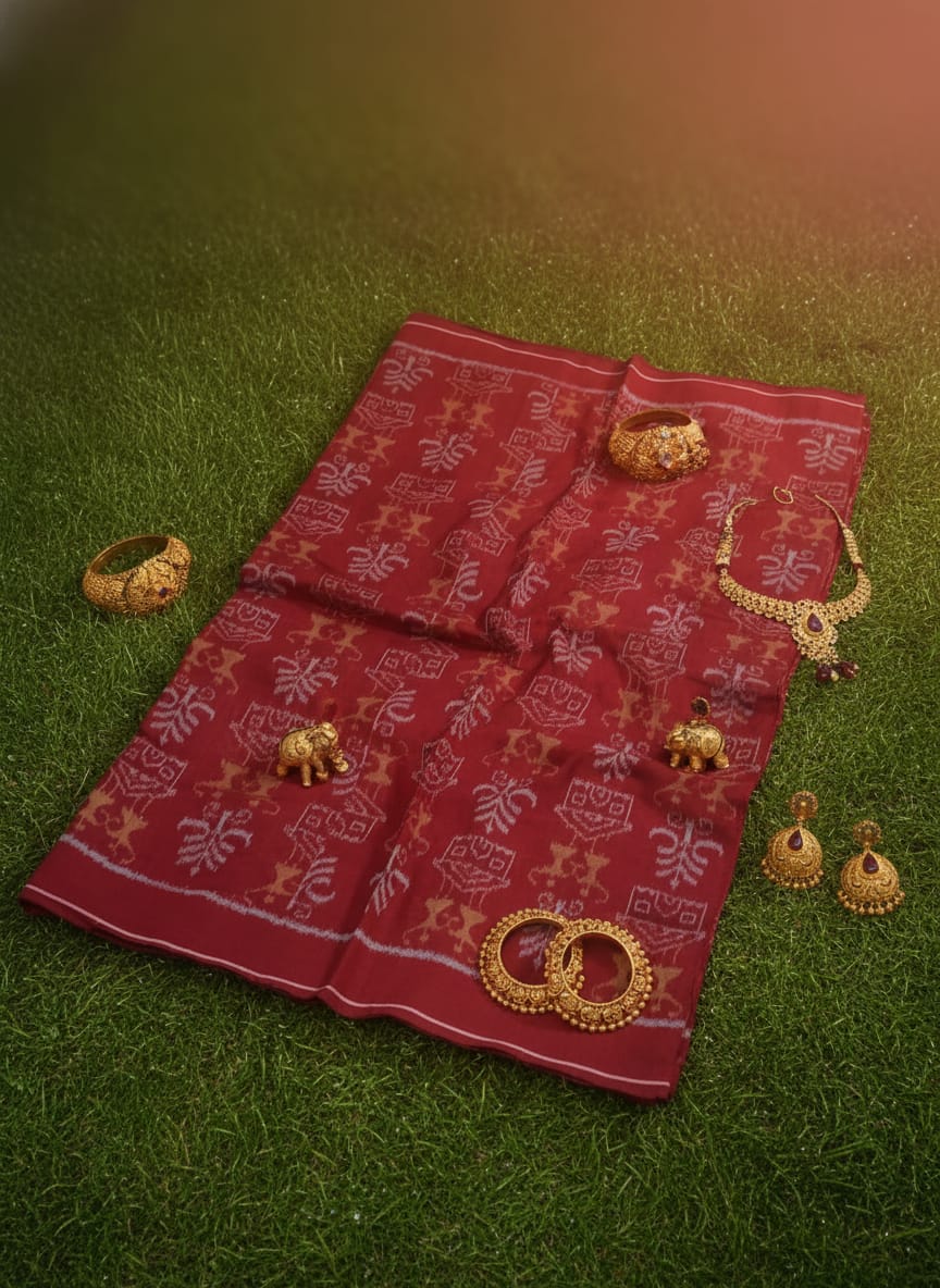 Maroon Tribal And Tree Design Sambalpuri Fabrics