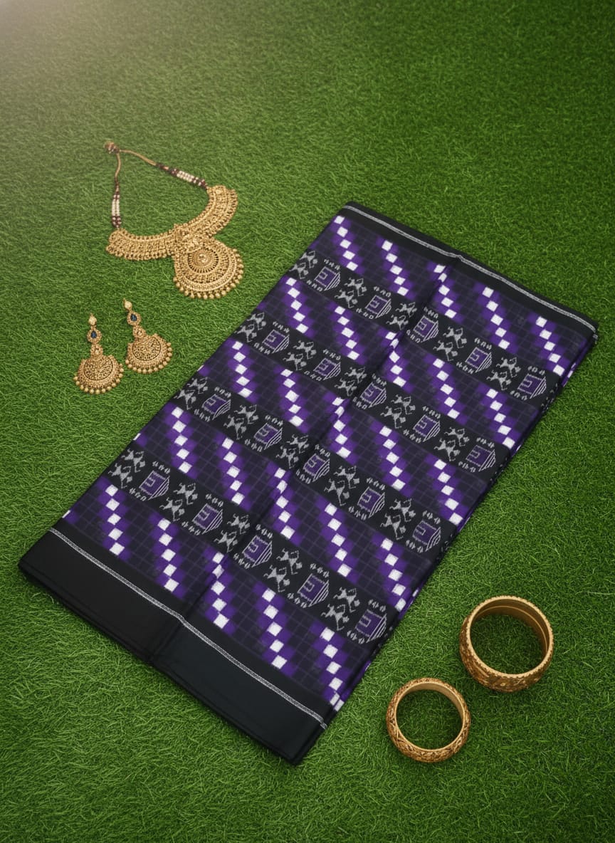 Black Purple White Pasapali And Tribal Ikat Design Sambalpuri Fabrics