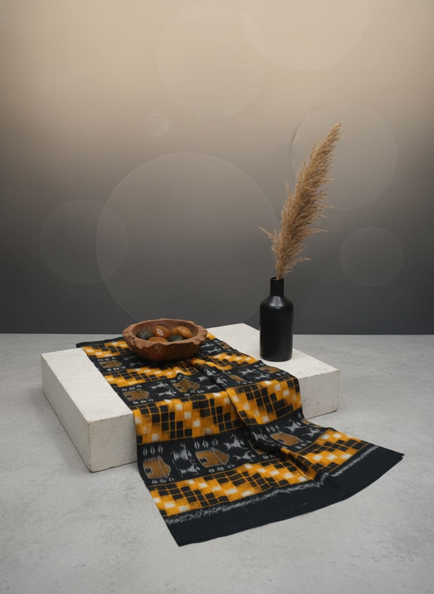 Black Yellow White Pasapali And Tribal Ikat Design Sambalpuri Fabrics