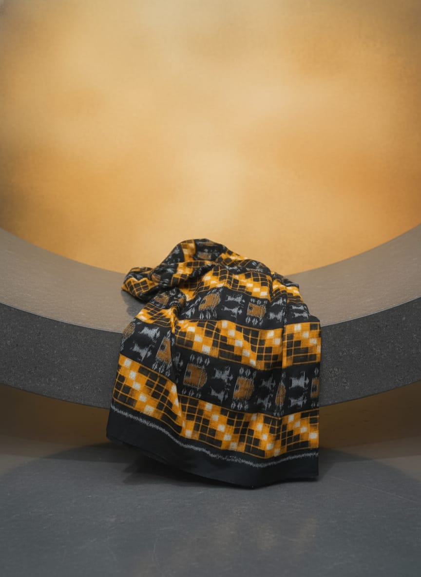 Black Yellow White Pasapali And Tribal Ikat Design Sambalpuri Fabrics