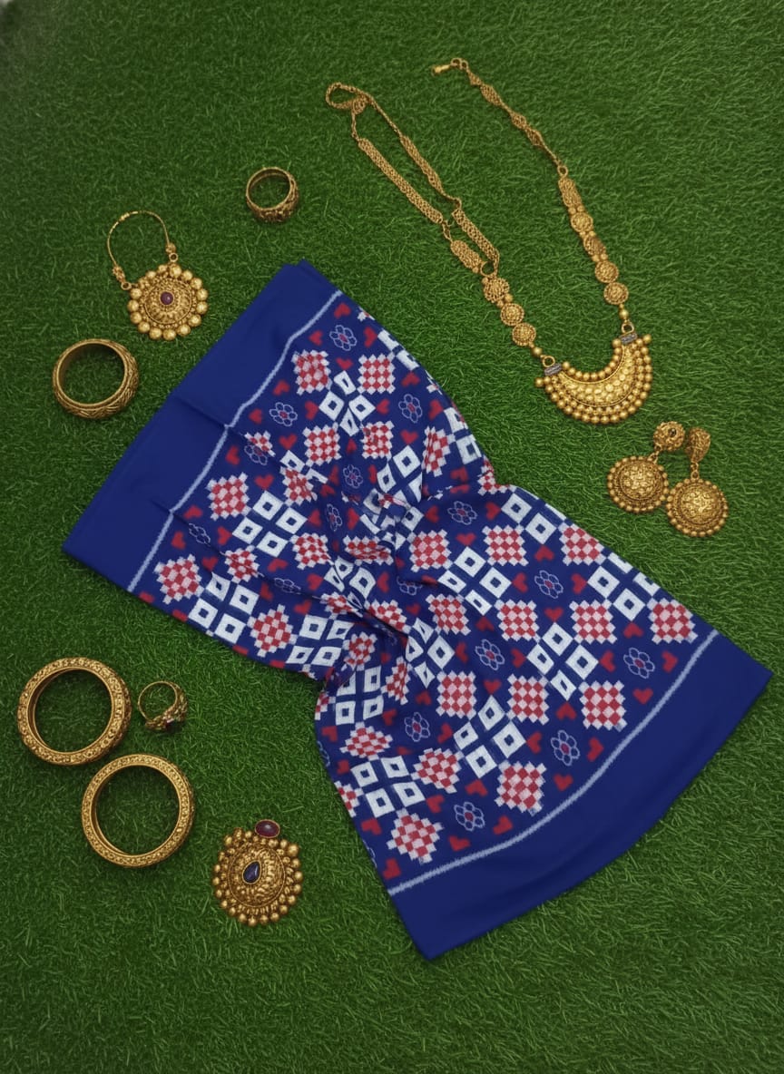Blue Red White Pasapali And Flower Ikat Design Sambalpuri Fabrics