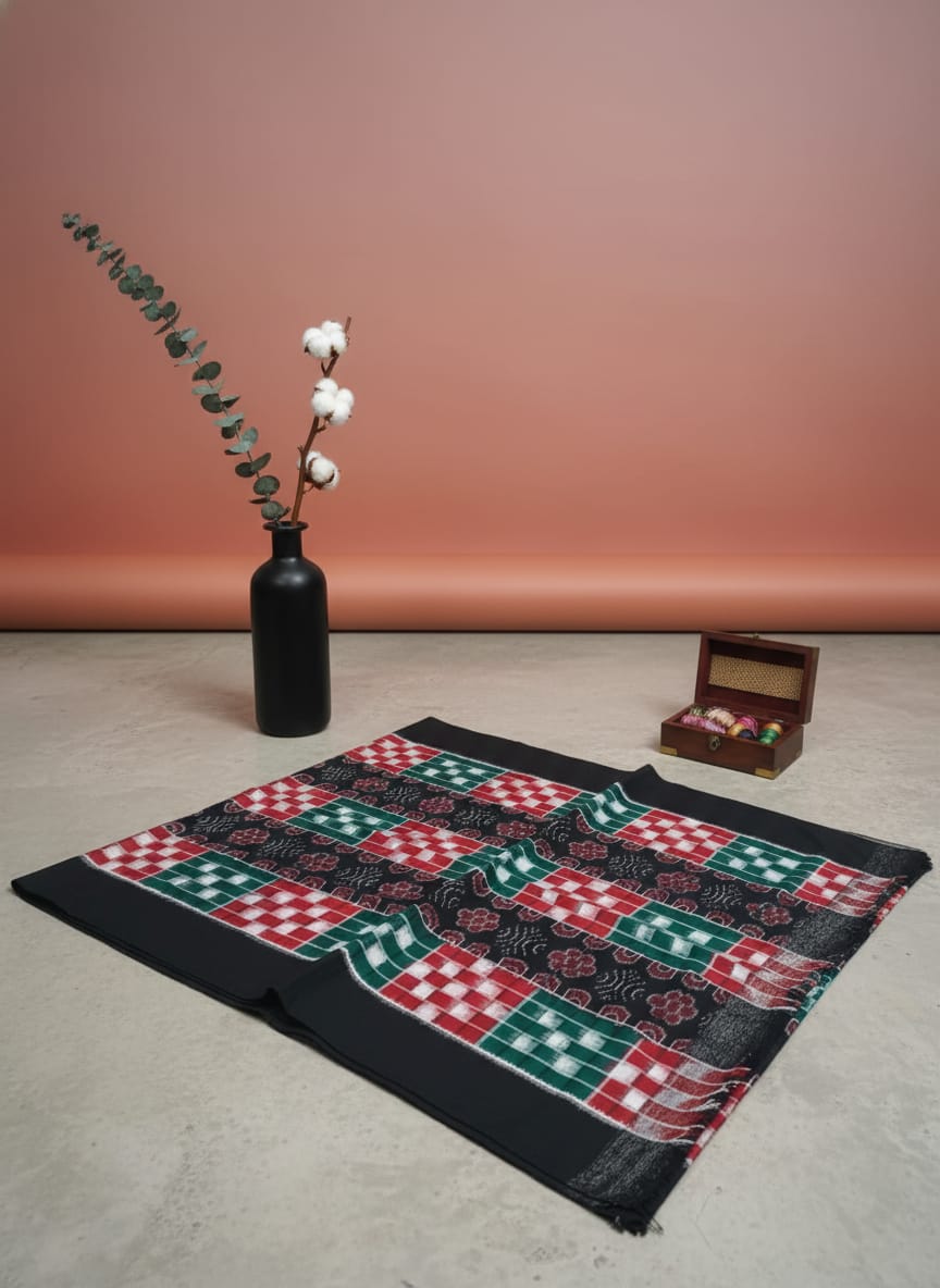 Black Red White Pasapali And Flower Ikat Design Sambalpuri Fabrics