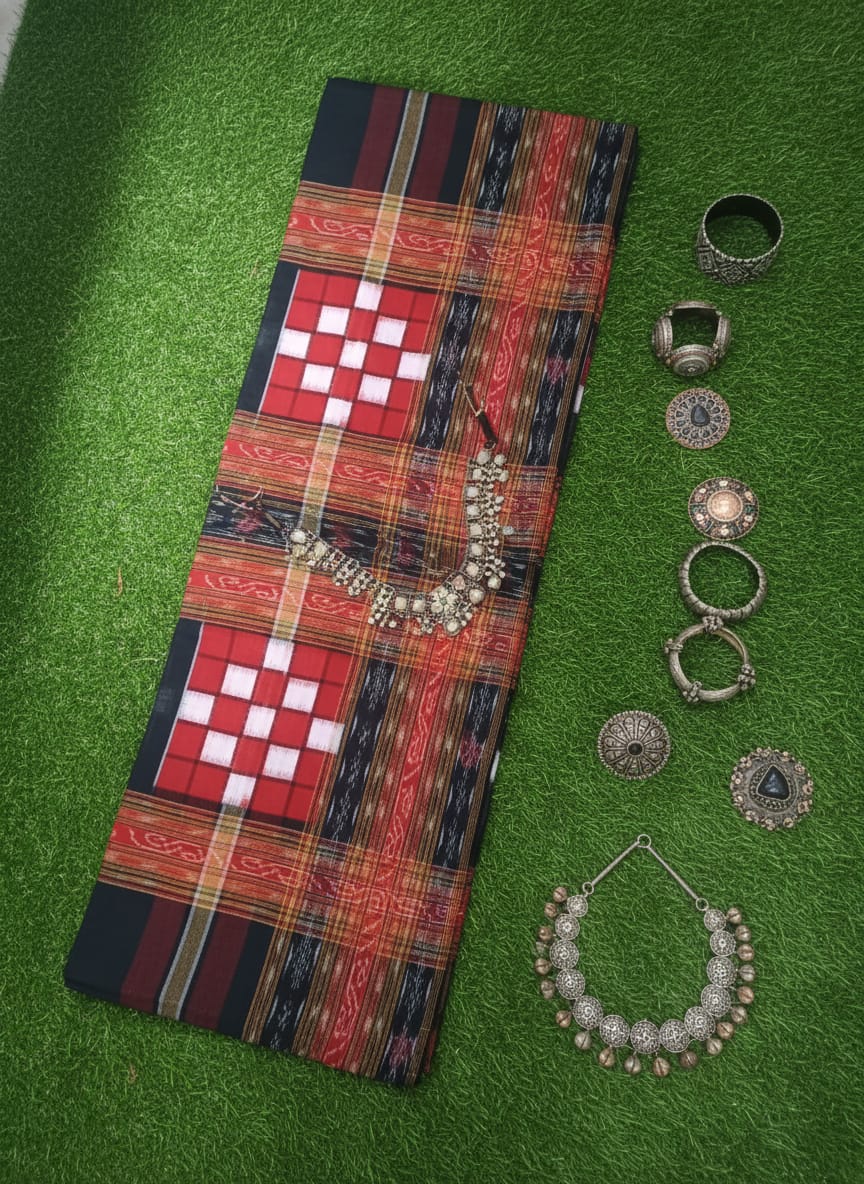 Red Black White Bichitrapuri Design Sambalpuri Fabric