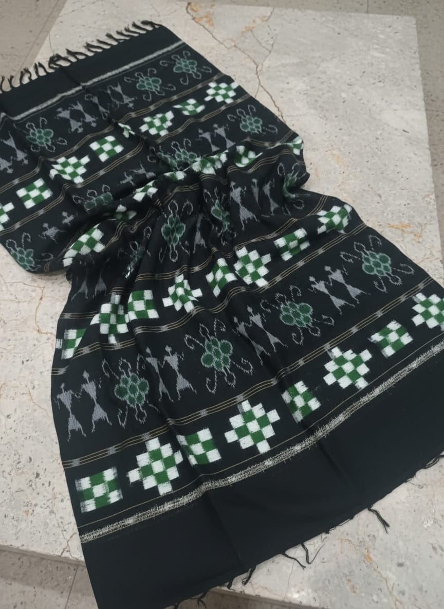 Black White Green Pasapali And Tribal Ikat Design Sambalpuri Fabrics