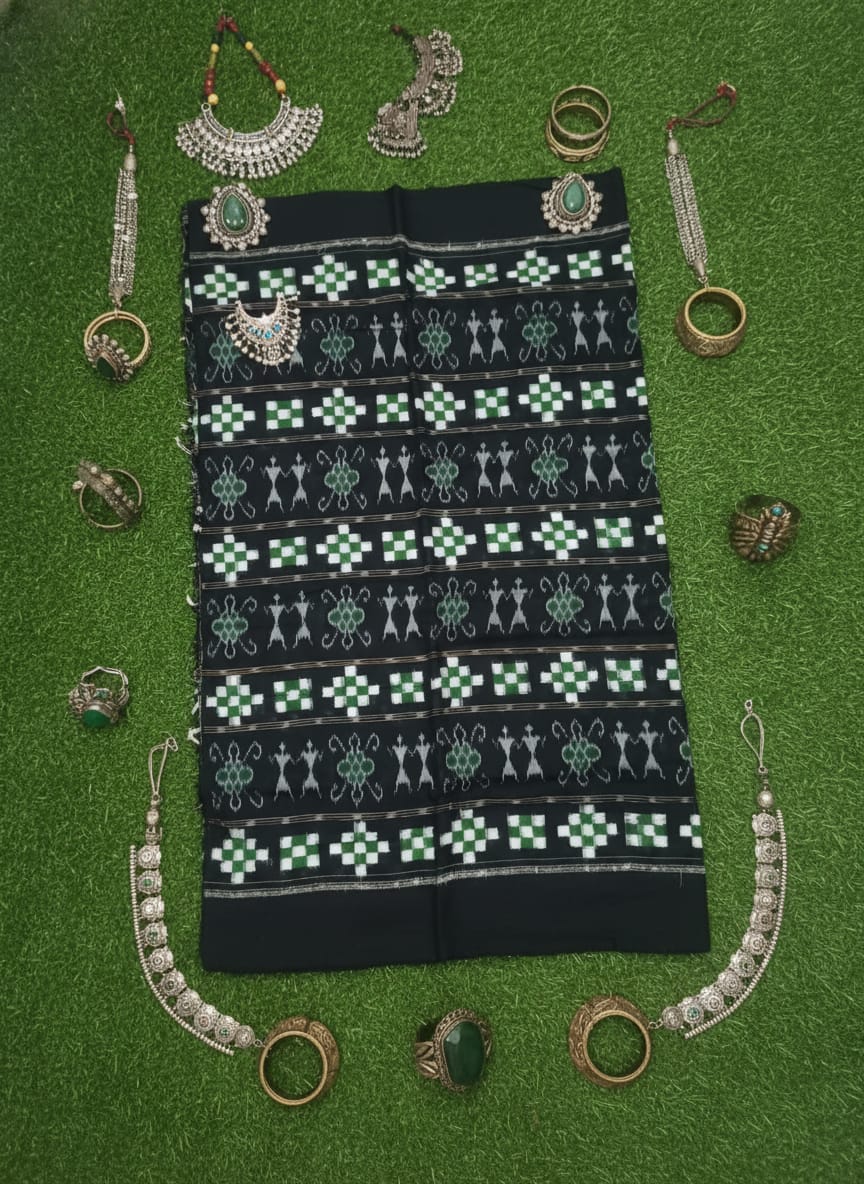Black White Green Pasapali And Tribal Ikat Design Sambalpuri Fabrics