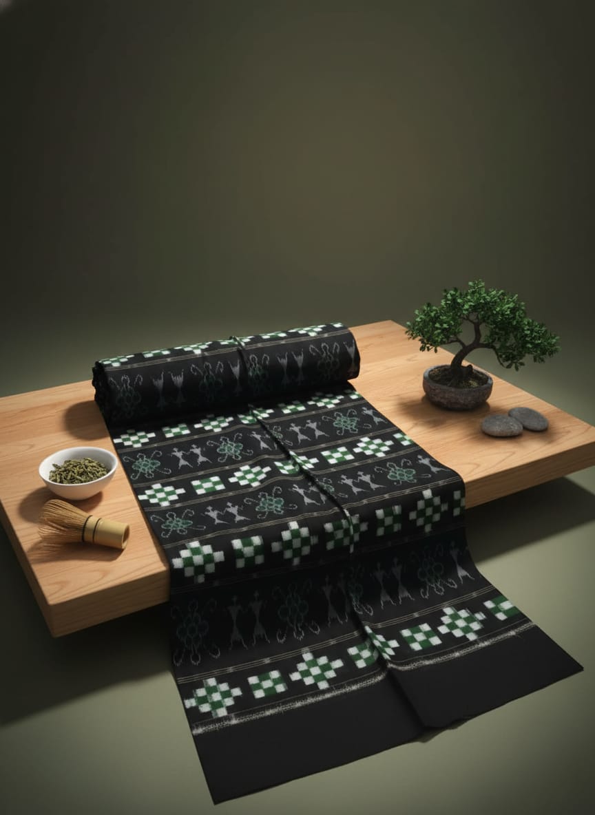 Black White Green Pasapali And Tribal Ikat Design Sambalpuri Fabrics