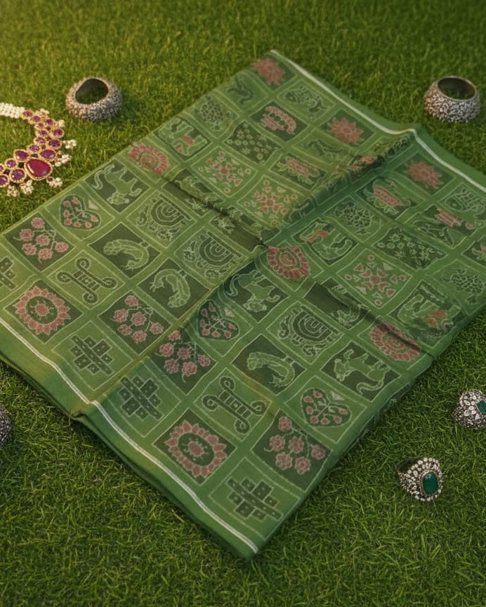 Green Nabakothi Ikat Design Sambalpuri Fabrics