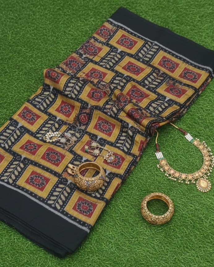 Black Yellow Tree And Flower Ikat Design Sambalpuri Fabrics