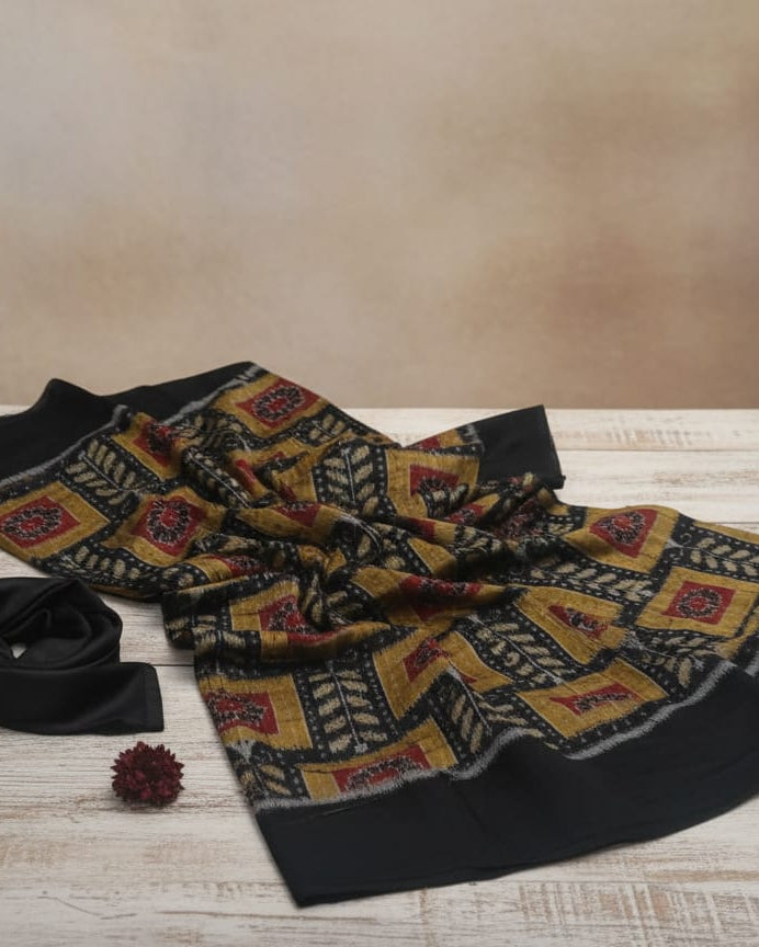 Black Yellow Tree And Flower Ikat Design Sambalpuri Fabrics