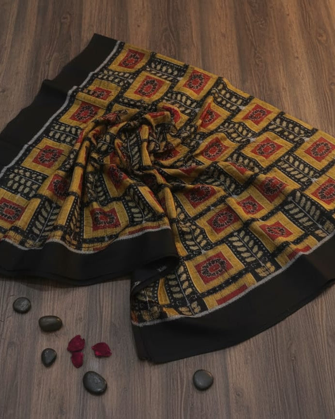 Black Yellow Tree And Flower Ikat Design Sambalpuri Fabrics
