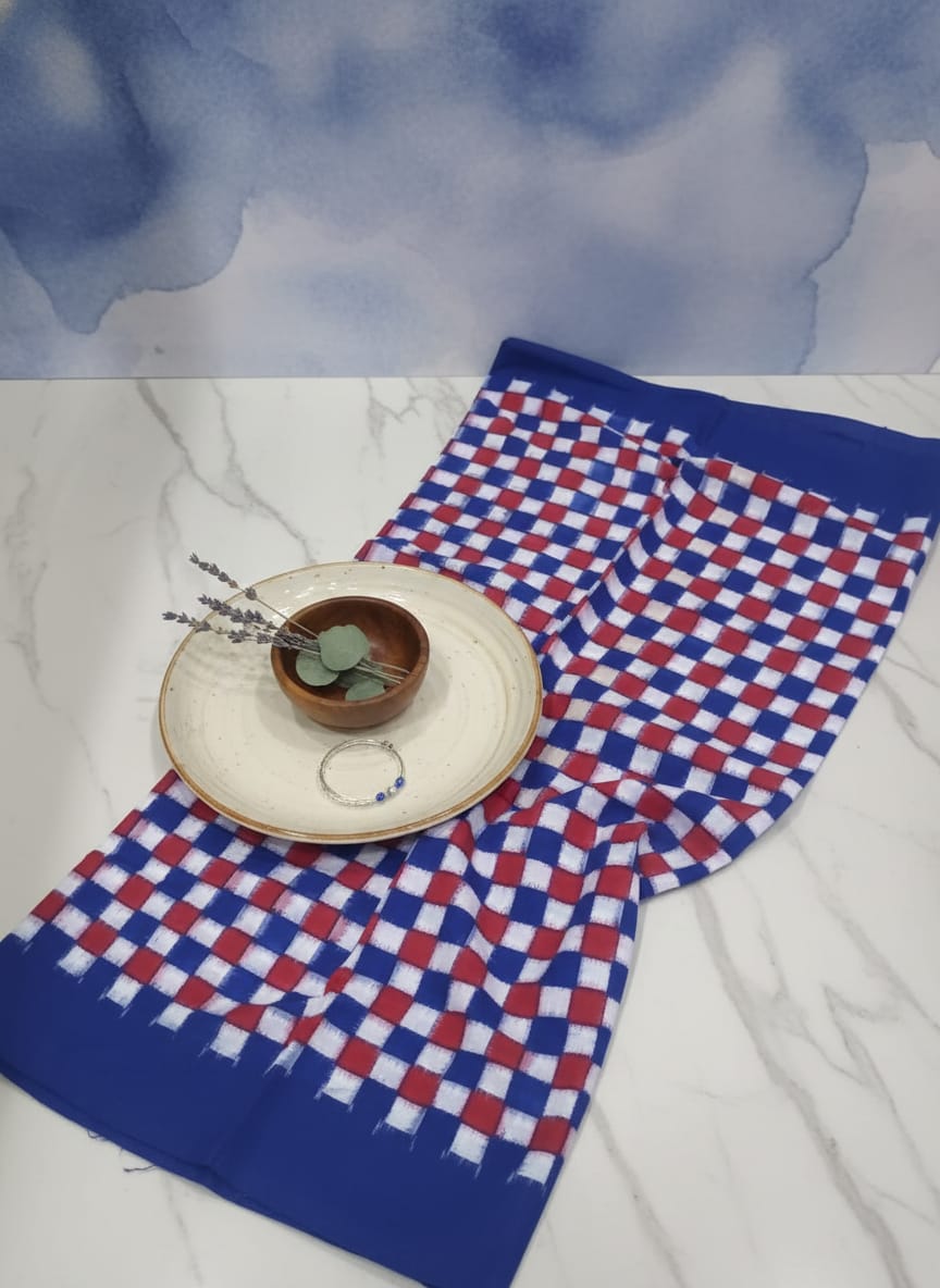 Blue Red White Pasapali Ikat Design Sambalpuri Fabrics