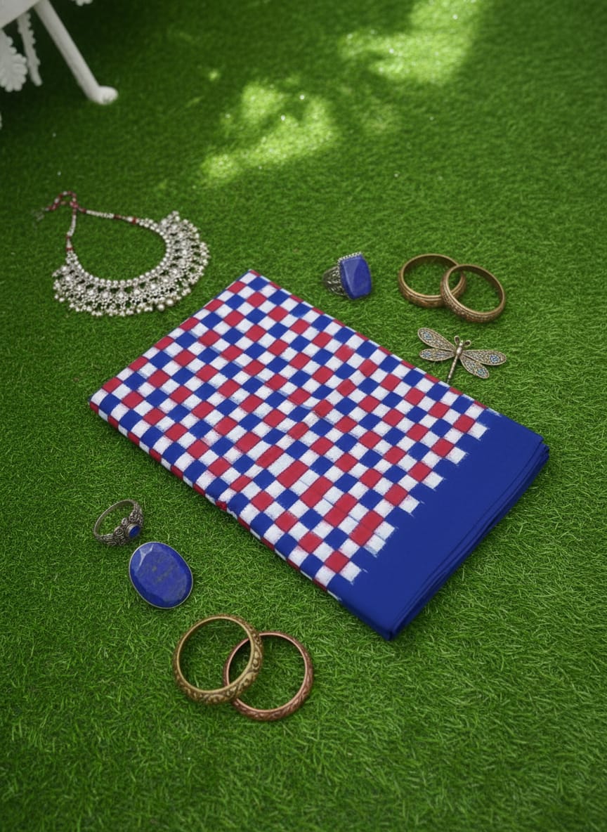 Blue Red White Pasapali Ikat Design Sambalpuri Fabrics