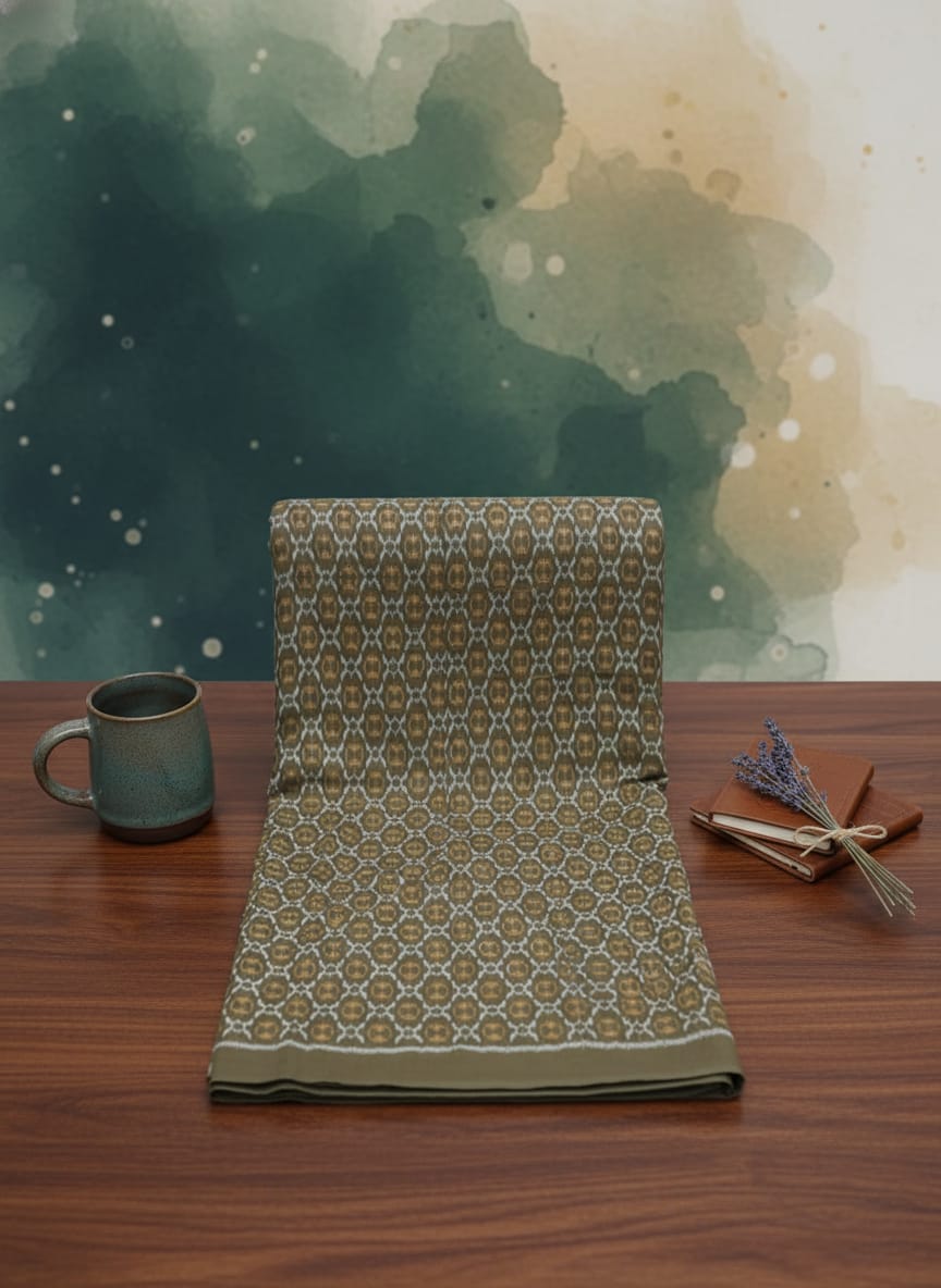 Mehendi Green White Flower Ikat Design Sambalpuri Fabrics