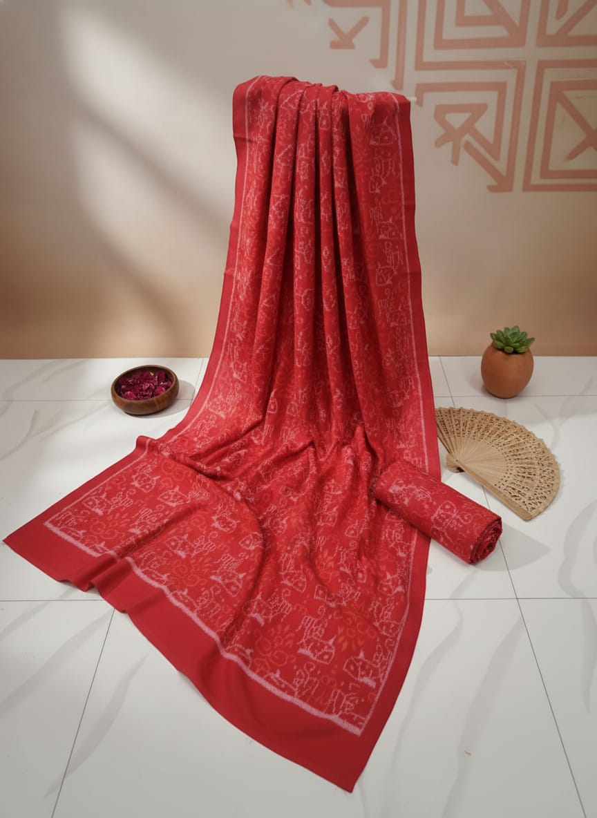 Red White Fish Design Sambalpuri Fabrics