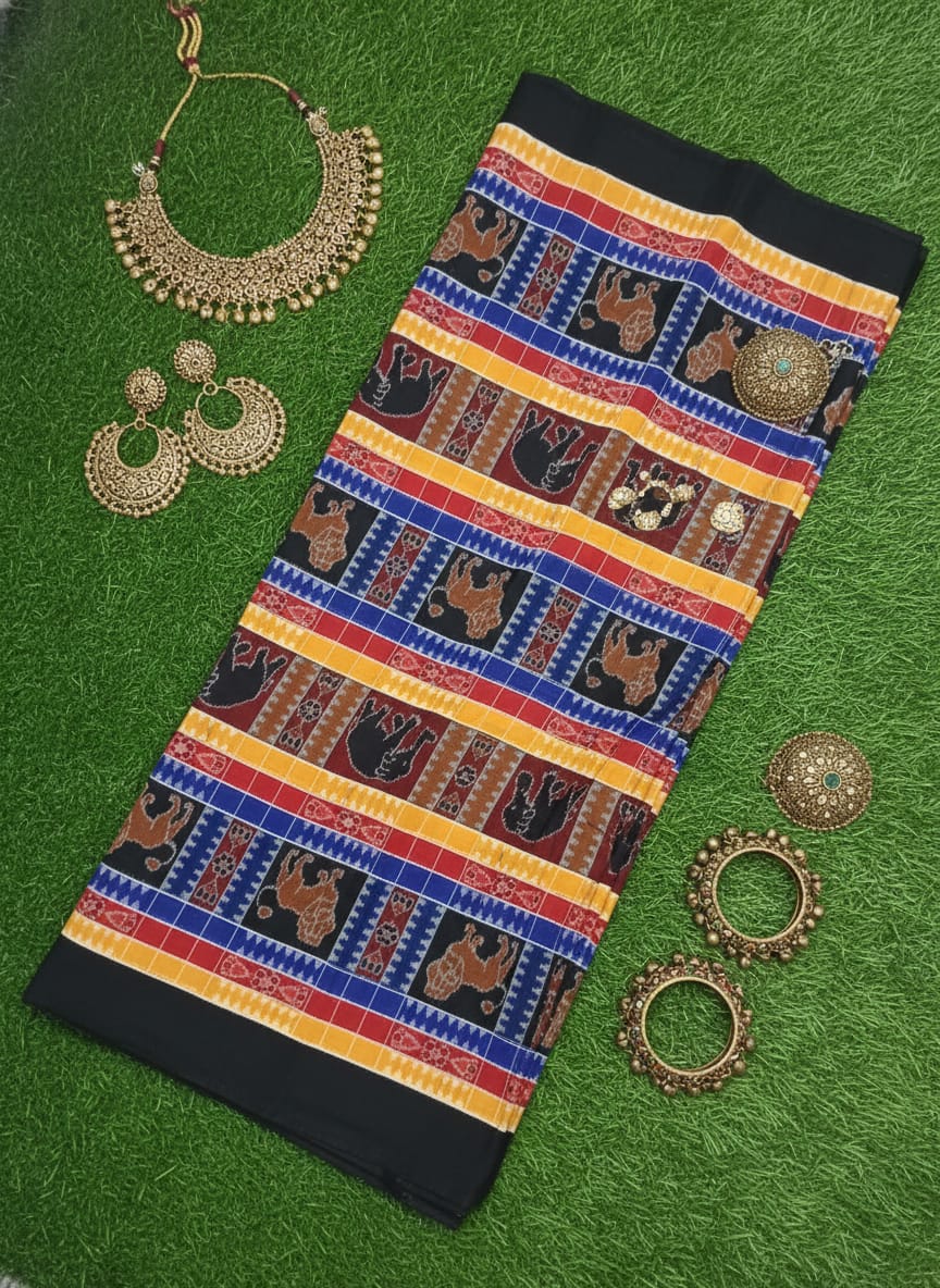 Yellow Blue Black Multi Colour Animal Utkal Laxmi Design Sambalpuri Fabrics