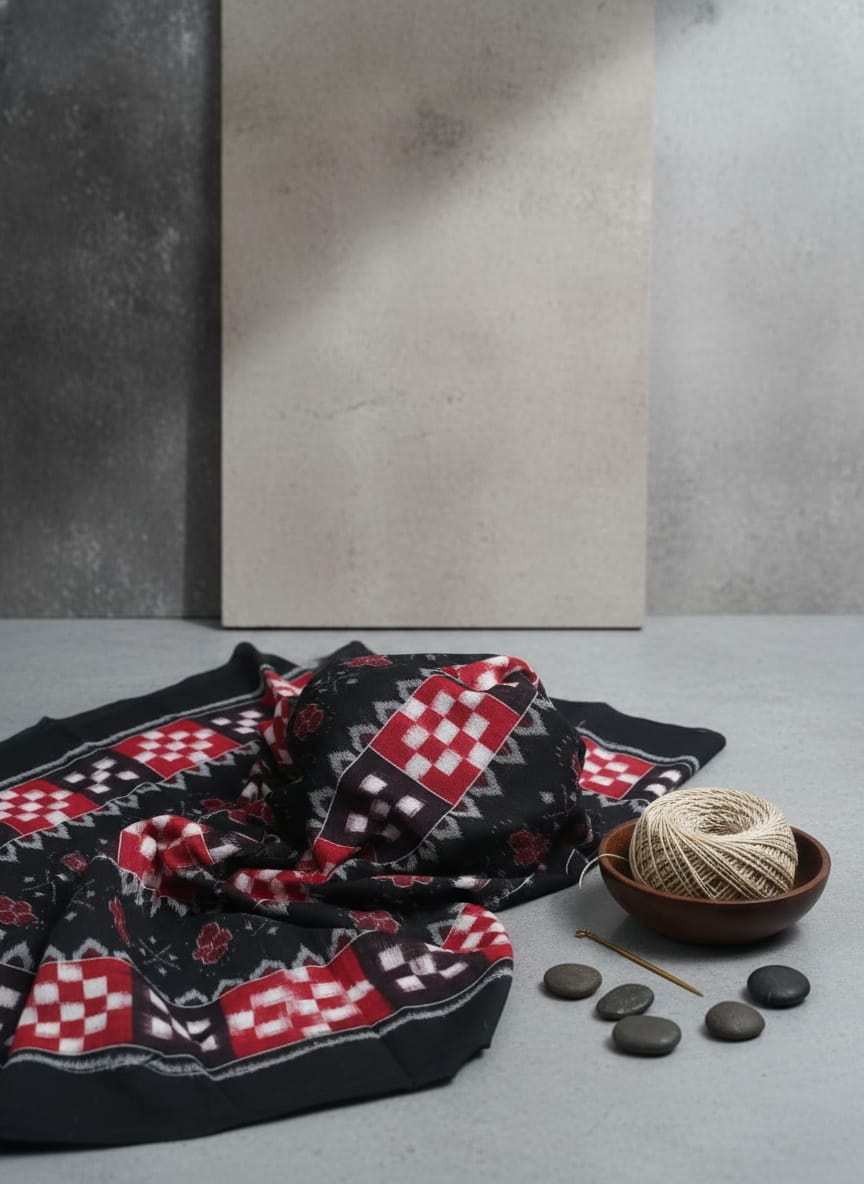 Black Red White Pasapali And Flower Design Sambalpuri Fabrics