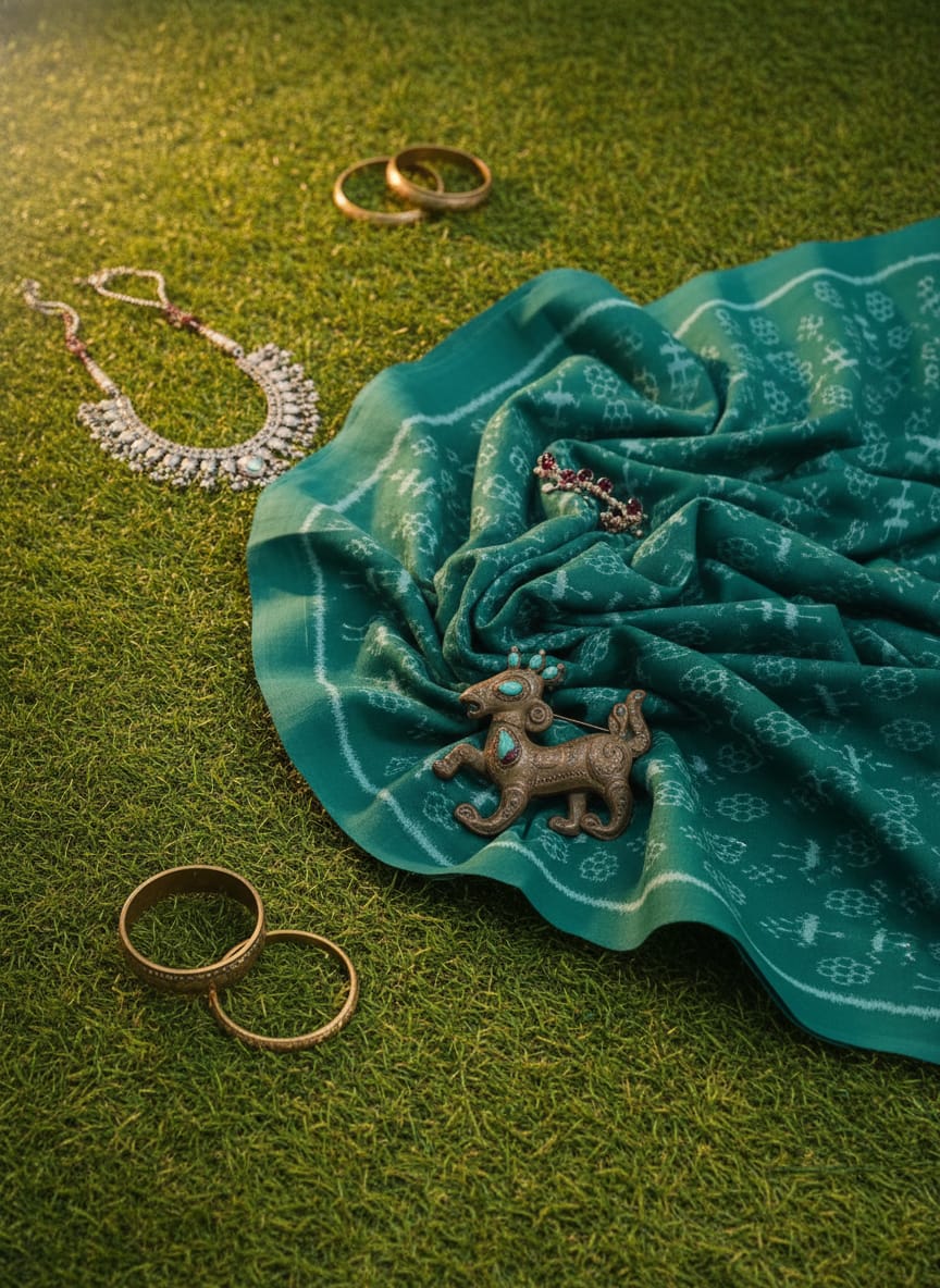 Rama Green Flower And Tribal Design Sambalpuri Fabrics