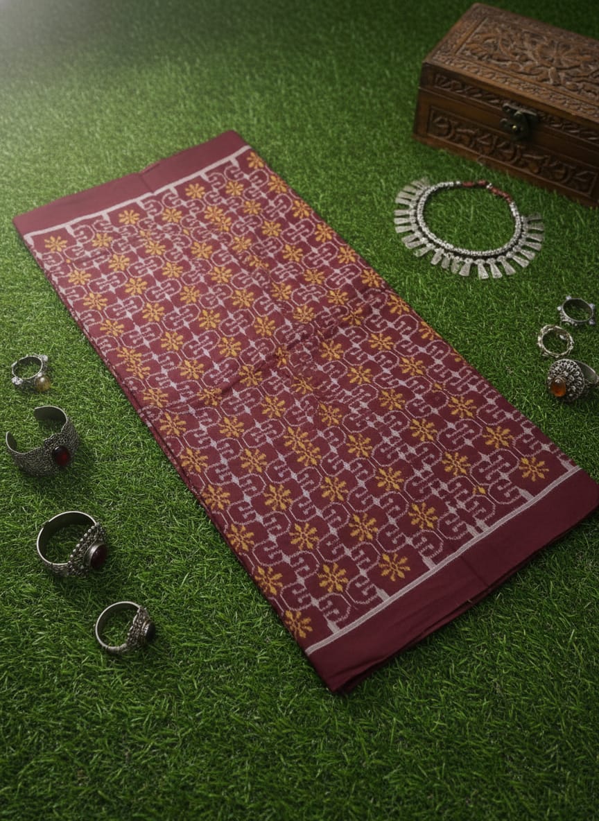 Maroon Yellow Flower Ikat Design Sambalpuri Fabrics