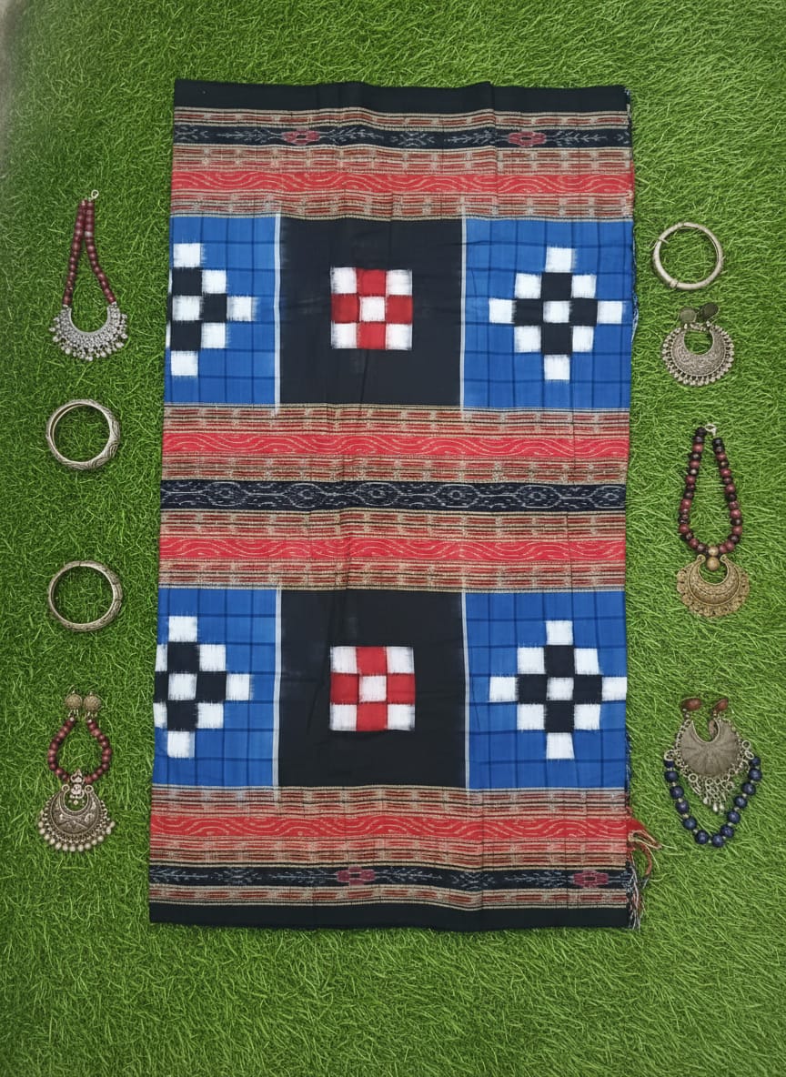 Blue Black White Big Pasapali Design Sambalpuri Fabrics