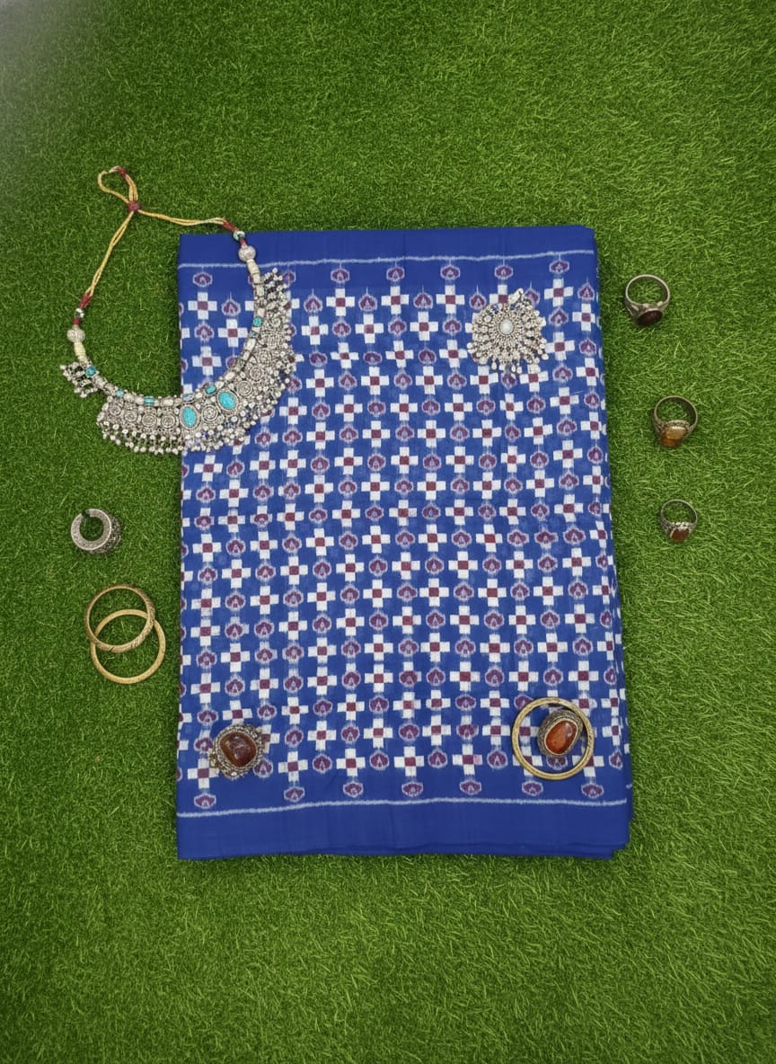 Blue White Cross Pasapali Design Sambalpuri Fabrics