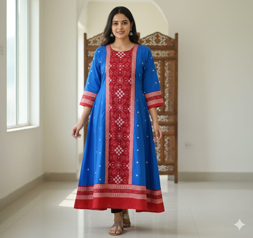 Blue Red White Square Pasapali Designer A-Line Anarkali