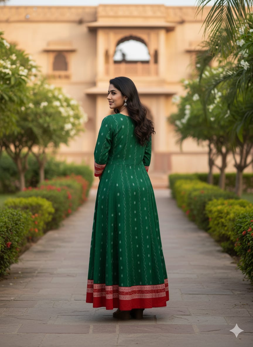 Green Red White Ikat Pasapali Designer A-Line Anarkali