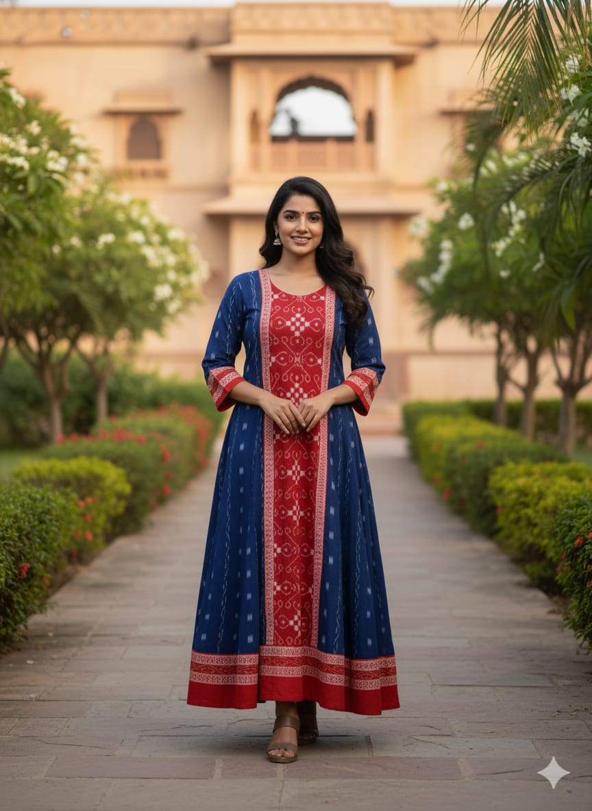 Navy Blue Red White Ikat Pasapali Designer A-Line Anarkali
