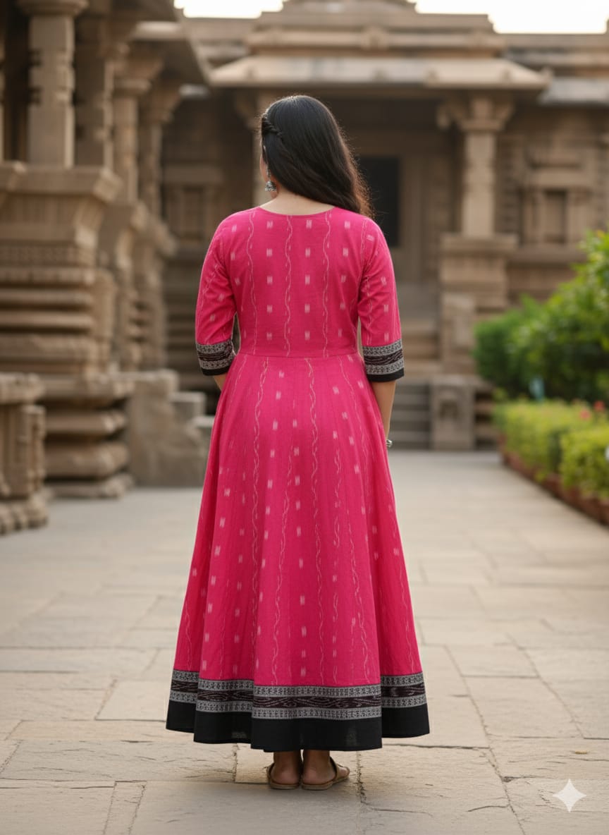 Pink Black Flower And Ikat Pasapali Designer A-Line Anarkali