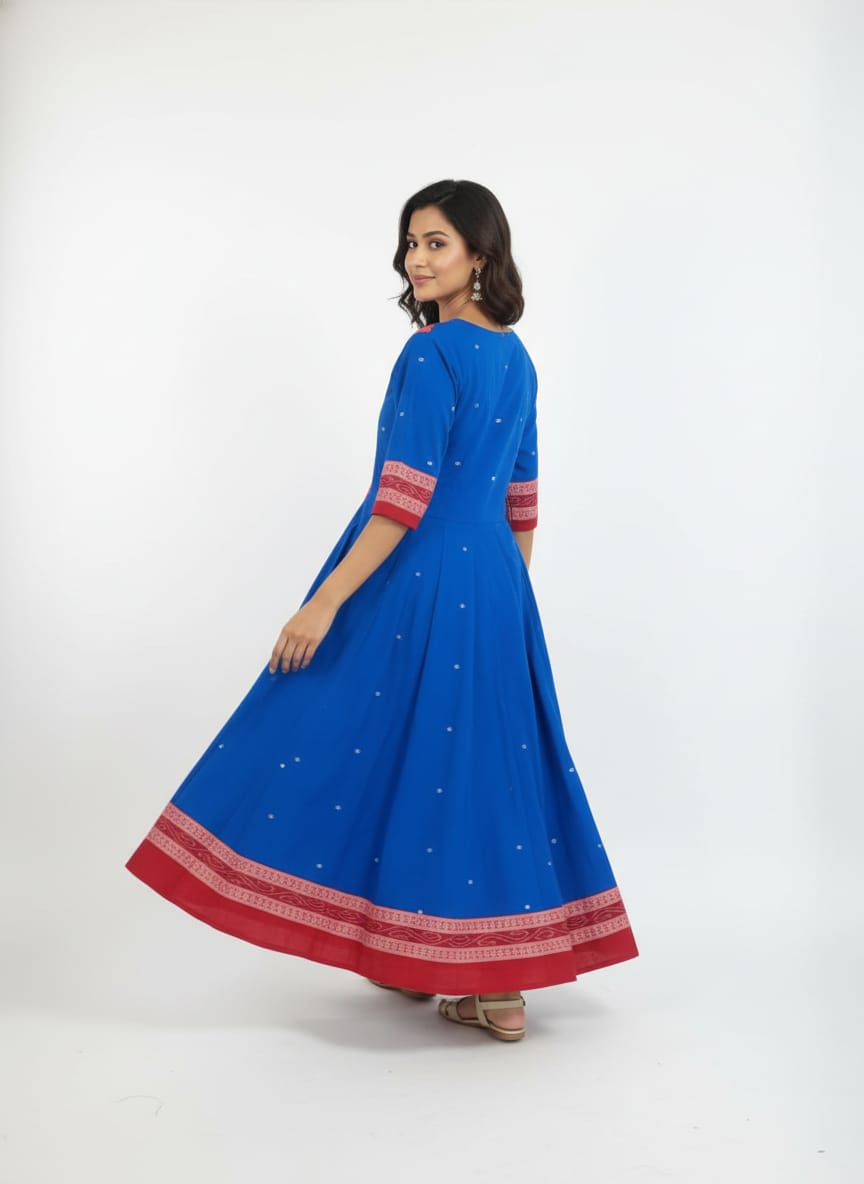 Blue Red White ikat Square Pasapali Designer A-Line Anarkali