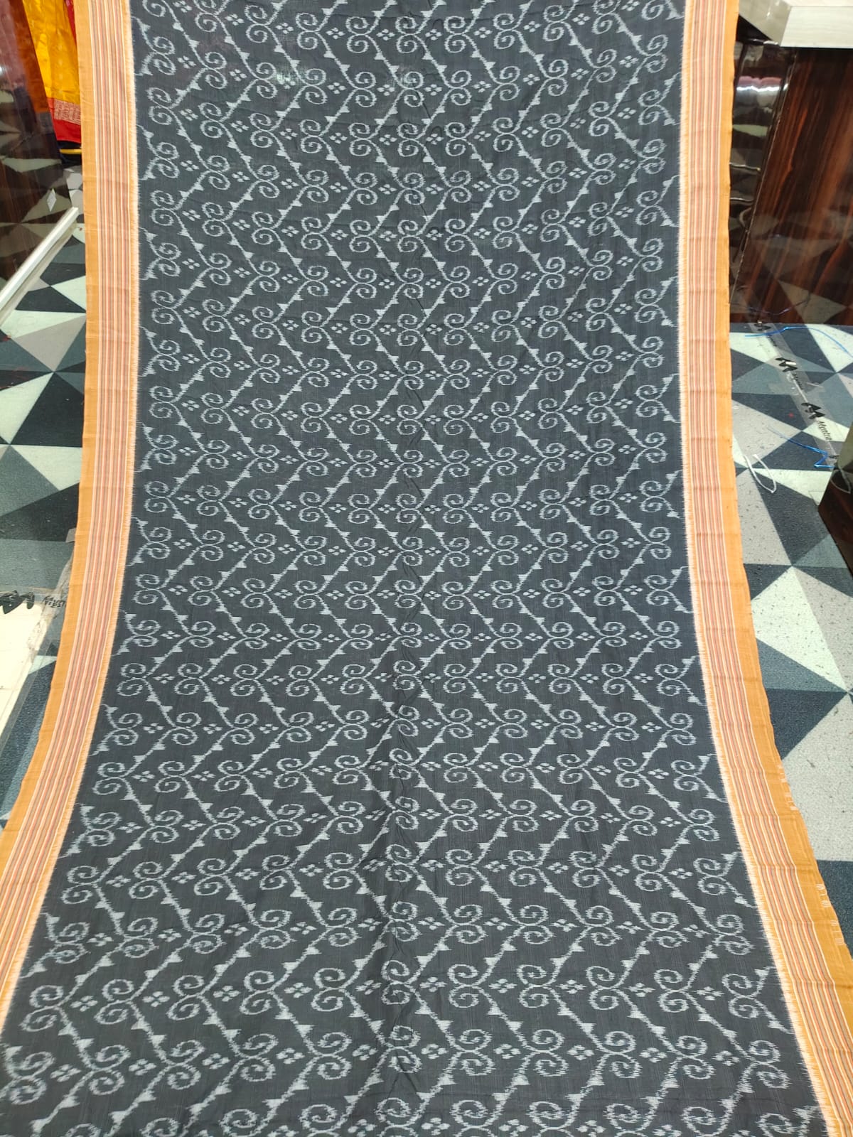 Black Brown Flower Design Khandua Cotton Saree